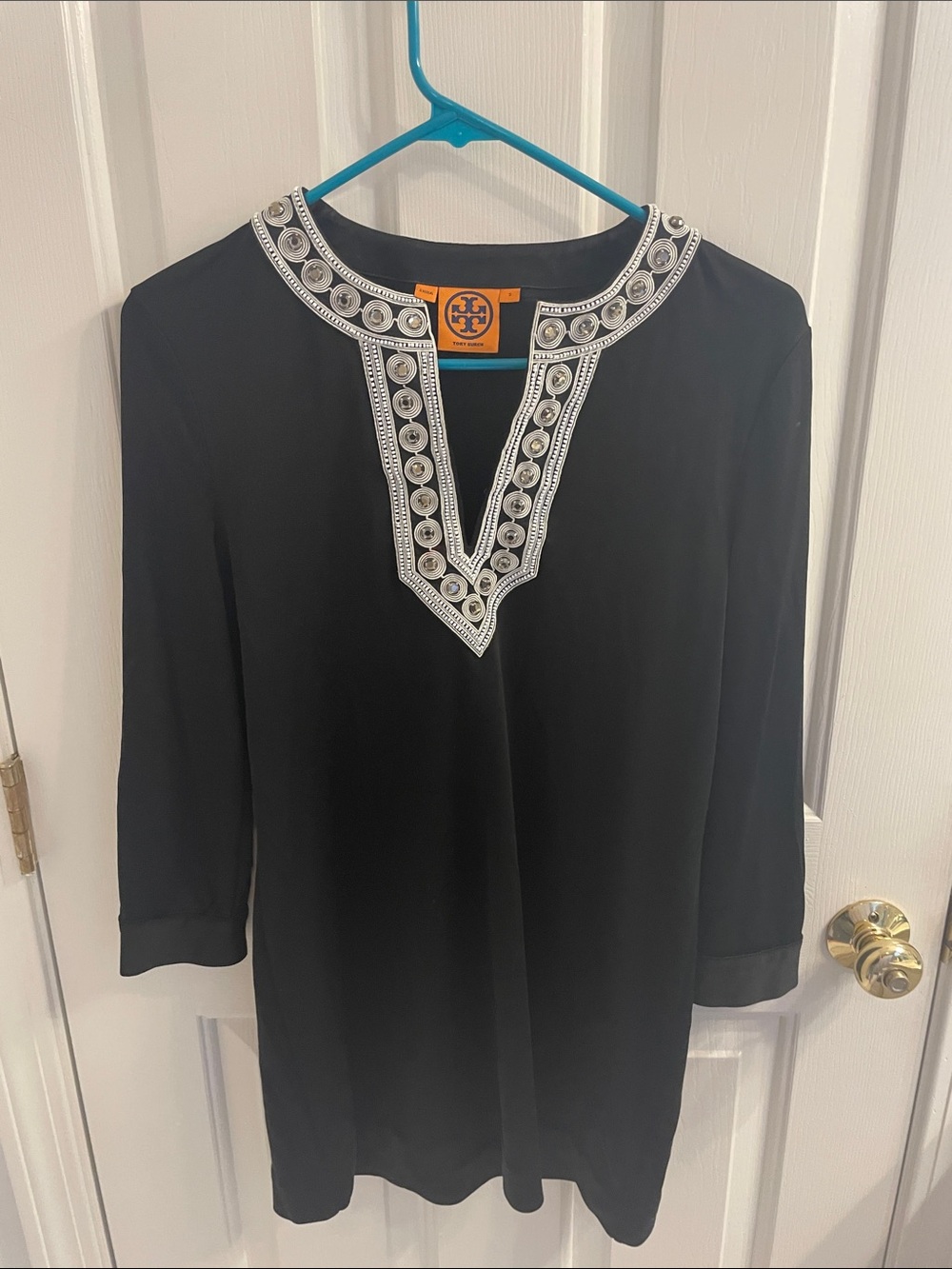 Tory Burch Black Silk Dress with Silver Embellished V-Neck